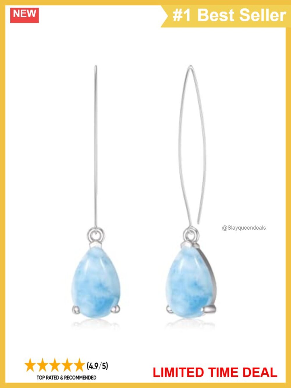 Genuine Larimar Dangle Earrings 925 Sterling Silver Dainty Drop